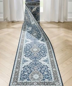 Well Woven Custom Size Runner Gene Traditional Medallion Persian Blue Select Your Width X Choose Your Length Machine Washable Hallway Runner Rug