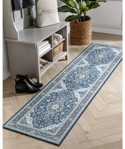 Well Woven Gene Traditional Medallion Persian Blue Non-Slip Machine Washable Low Pile Indoor/Outdoor Rug
