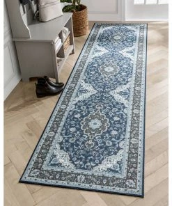 Well Woven Gene Traditional Medallion Persian Blue Non-Slip Machine Washable Low Pile Indoor/Outdoor Rug