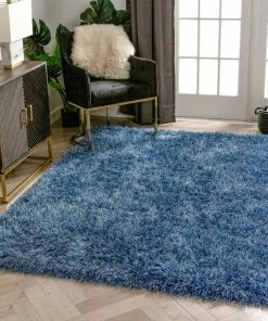 Well Woven Chie Glam Solid Ultra-Soft Indigo Blue Shag Rug