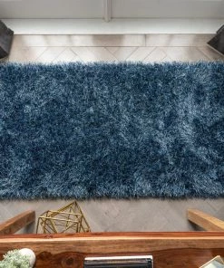 Well Woven Chie Glam Solid Ultra-Soft Indigo Blue Shag Rug
