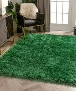 Well Woven Chie Glam Solid Ultra-Soft Green Shag Rug