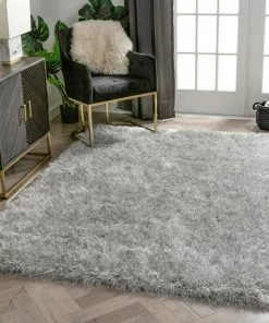 Well Woven Chie Glam Solid Ultra-Soft Grey Shag Rug