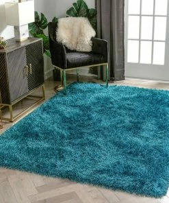 Well Woven Chie Glam Solid Ultra-Soft Teal Shag Rug