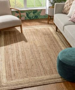 Well Woven Border Pattern Jute Rug Hand-Braided Basket Weave Jute Rug White & Natural Color