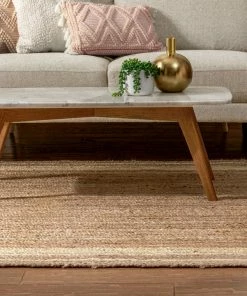 Well Woven Border Pattern Jute Rug Hand-Braided Basket Weave Jute Rug White & Natural Color