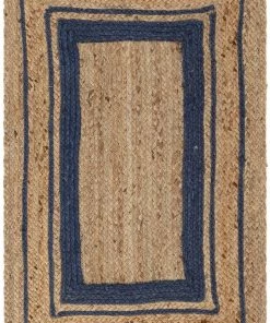 Well Woven Border Pattern Jute Rug Hand-Braided Basket Weave Jute Rug Blue & Natural Color