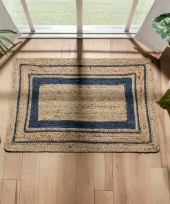 Well Woven Border Pattern Jute Rug Hand-Braided Basket Weave Jute Rug Blue & Natural Color