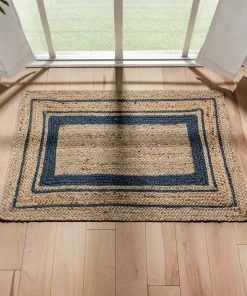 Well Woven Border Pattern Jute Rug Hand-Braided Basket Weave Jute Rug Blue & Natural Color