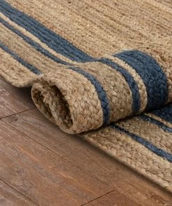 Well Woven Border Pattern Jute Rug Hand-Braided Basket Weave Jute Rug Blue & Natural Color