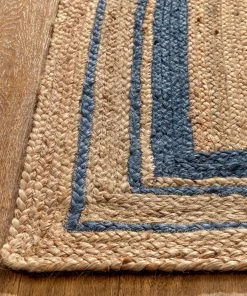 Well Woven Border Pattern Jute Rug Hand-Braided Basket Weave Jute Rug Blue & Natural Color