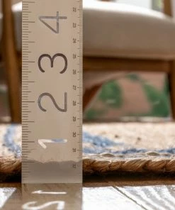 Well Woven Border Pattern Jute Rug Hand-Braided Basket Weave Jute Rug Blue & Natural Color