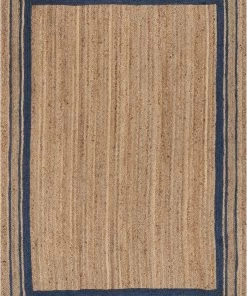 Well Woven Border Pattern Jute Rug Hand-Braided Basket Weave Jute Rug Blue & Natural Color