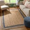 Well Woven Border Pattern Jute Rug Hand-Braided Basket Weave Jute Rug Blue & Natural Color