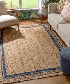 Well Woven Border Pattern Jute Rug Hand-Braided Basket Weave Jute Rug Blue & Natural Color