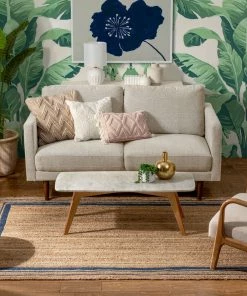 Well Woven Border Pattern Jute Rug Hand-Braided Basket Weave Jute Rug Blue & Natural Color