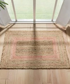 Well Woven Border Pattern Jute Rug Hand-Braided Basket Weave Jute Rug Blush & Natural Color