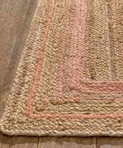 Well Woven Border Pattern Jute Rug Hand-Braided Basket Weave Jute Rug Blush & Natural Color
