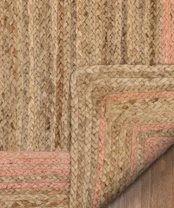 Well Woven Border Pattern Jute Rug Hand-Braided Basket Weave Jute Rug Blush & Natural Color