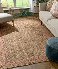 Well Woven Border Pattern Jute Rug Hand-Braided Basket Weave Jute Rug Blush & Natural Color