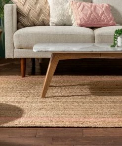 Well Woven Border Pattern Jute Rug Hand-Braided Basket Weave Jute Rug Blush & Natural Color