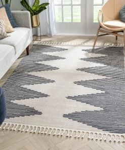 Well Woven Zipped Tribal Aztec Geometric Ivory & Navy Blue Kilim-Style Rug Global