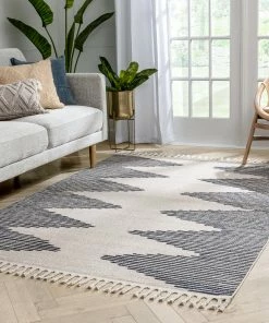 Well Woven Zipped Tribal Aztec Geometric Ivory & Navy Blue Kilim-Style Rug Global