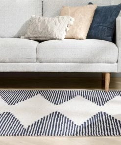 Well Woven Zipped Tribal Aztec Geometric Ivory & Navy Blue Kilim-Style Rug Global