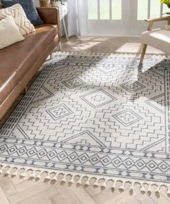 Well Woven Global Zafer Tribal Geometric Pattern Light Blue Ivory Kilim-Style Rug