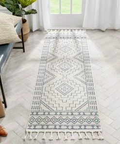 Well Woven Global Zafer Tribal Geometric Pattern Light Blue Ivory Kilim-Style Rug