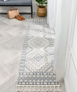 Well Woven Global Zafer Tribal Geometric Pattern Light Blue Ivory Kilim-Style Rug