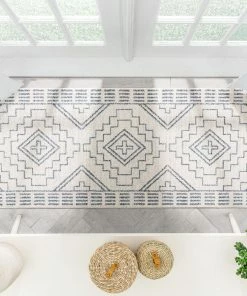 Well Woven Global Zafer Tribal Geometric Pattern Light Blue Ivory Kilim-Style Rug