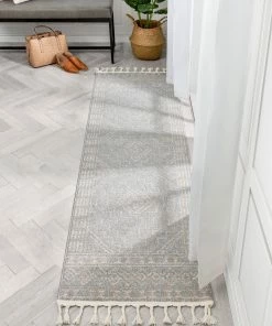 Well Woven Zafer Tribal Geometric Pattern Grey Kilim-Style Rug