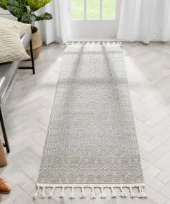 Well Woven Zafer Tribal Geometric Pattern Grey Kilim-Style Rug