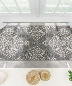 Well Woven Global Mara Medallion Botanical Pattern Grey Kilim-Style Rug