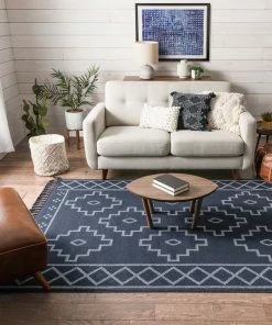 Well Woven Global Mica Southwestern Tribal Geometric Dark Blue Kilim-Style Rug