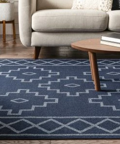 Well Woven Global Mica Southwestern Tribal Geometric Dark Blue Kilim-Style Rug