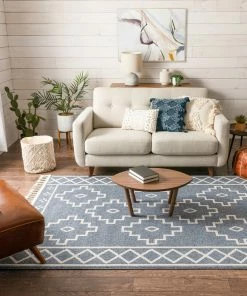 Well Woven Mica Southwestern Tribal Geometric Denim Blue Kilim-Style Rug Global