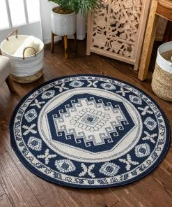 Well Woven Kaya Southwestern Tribal Medallion Dark Blue Kilim-Style Rug Global