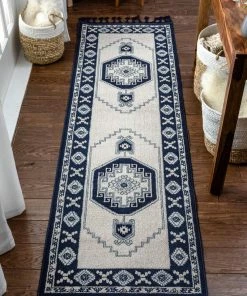 Well Woven Kaya Southwestern Tribal Medallion Dark Blue Kilim-Style Rug Global