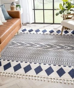 Well Woven Cruce Tribal Moroccan Geometric Dark Blue Kilim-Style Rug Global