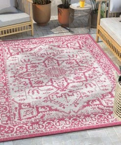 Well Woven Celesine Oriental Medallion Indoor/Outdoor Fuschia Flat-Weave Rug