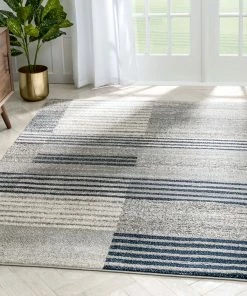 Well Woven Linea Contemporary Solid & Striped Distressed Grey / Blue Rug