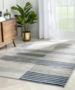 Well Woven Linea Contemporary Solid & Striped Distressed Grey / Blue Rug