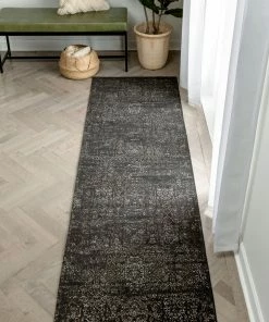 Well Woven Jesi Vintage Distressed Damask Pattern Black Kilim-Style Rug