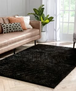 Well Woven Murray Solid Plain Shag Black 3D Textured Rug