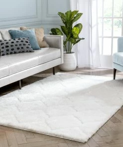 Well Woven Sandy Lattice Trellis Shag Ivory 3D Textured Rug Moroccan