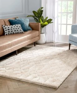 Well Woven Moroccan Winona Honeycomb Hexagon Pattern Shag Beige 3D Textured Rug