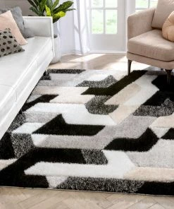 Well Woven Orem Geometric Pattern Shag Grey Black 3D Textured Rug Moroccan