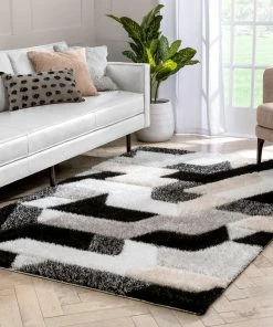 Well Woven Orem Geometric Pattern Shag Grey Black 3D Textured Rug Moroccan